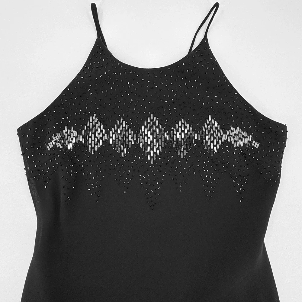Cachet‎ Black Beaded Maxi Dress Silver Geometric Sequin Halter Gown Size 8